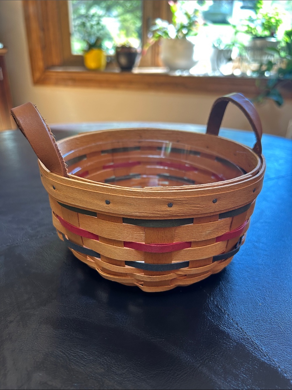 Longaberger Round Woven Button Basket Fitted Plastic Liner Brown Leather Handles